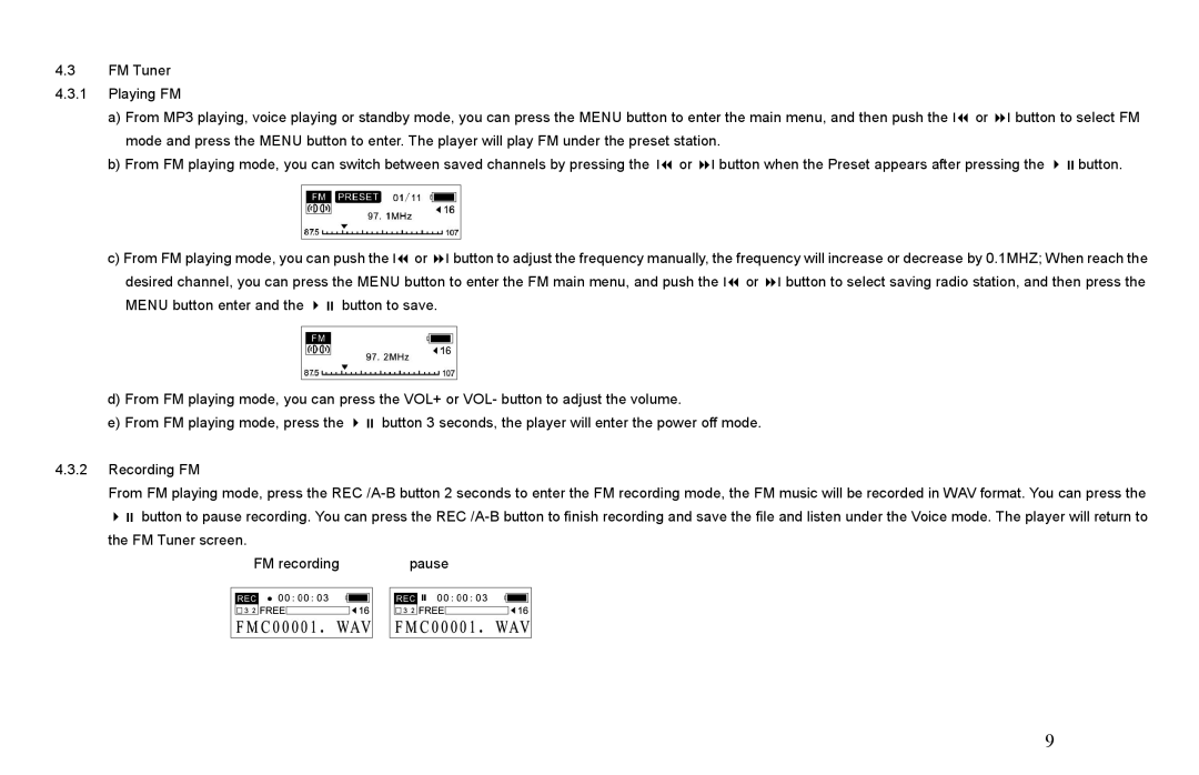 Nextar MA566 instruction manual FM Tuner screen FM recording Pause 