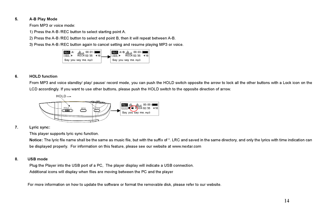 Nextar MA566 instruction manual ­B Play Mode, Hold function, Lyric sync, USB mode 