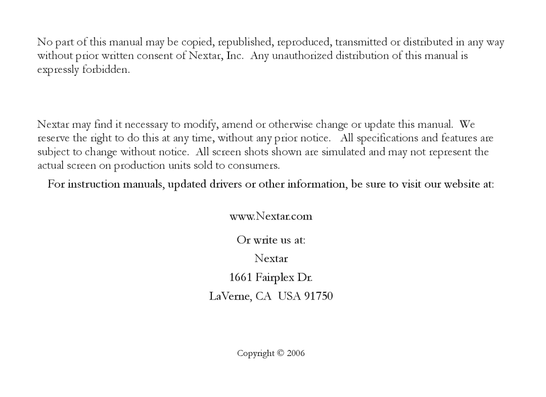 Nextar MA566 instruction manual Copyright 