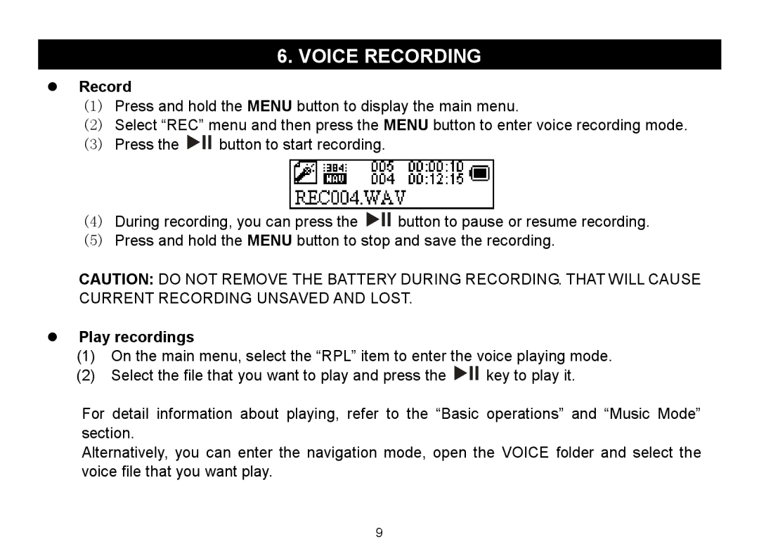 Nextar MA588 manual Voice Recording,  Record,  Play recordings 