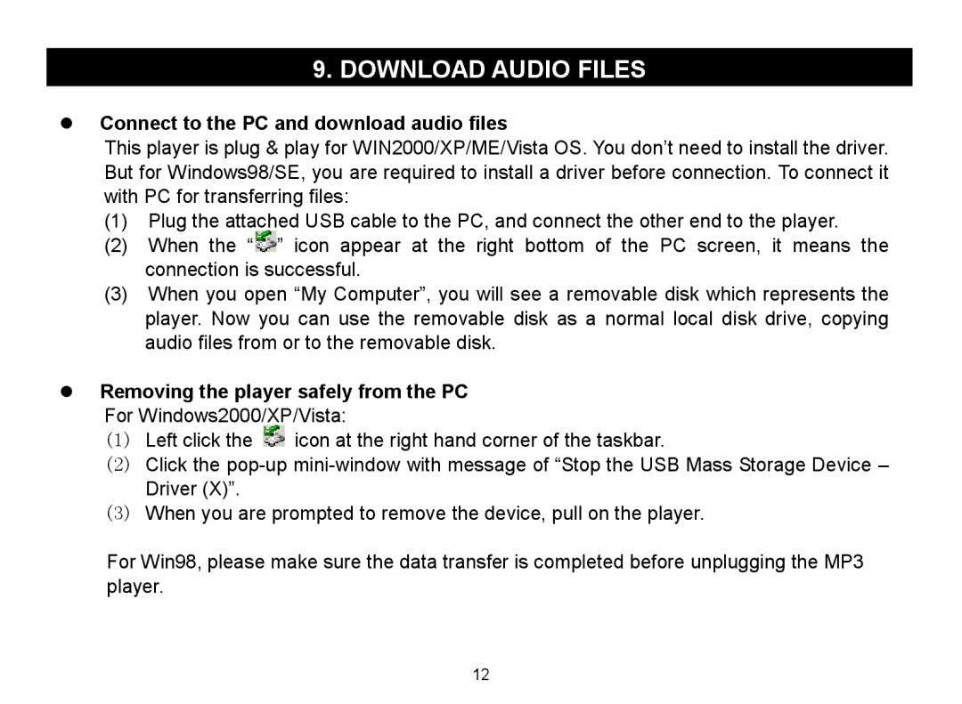 Nextar MA588 Download Audio Files,  Connect to the PC and download audio files,  Removing the player safely from the PC 
