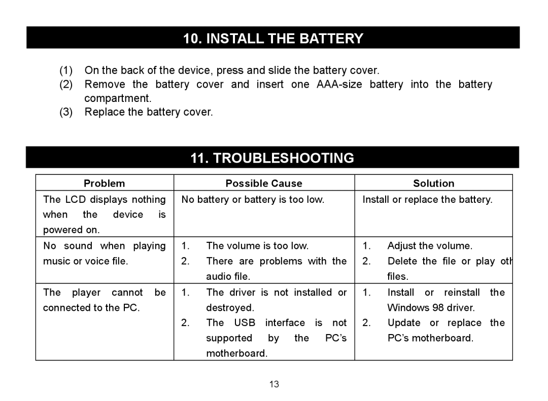 Nextar MA588 manual Install the Battery, Troubleshooting 