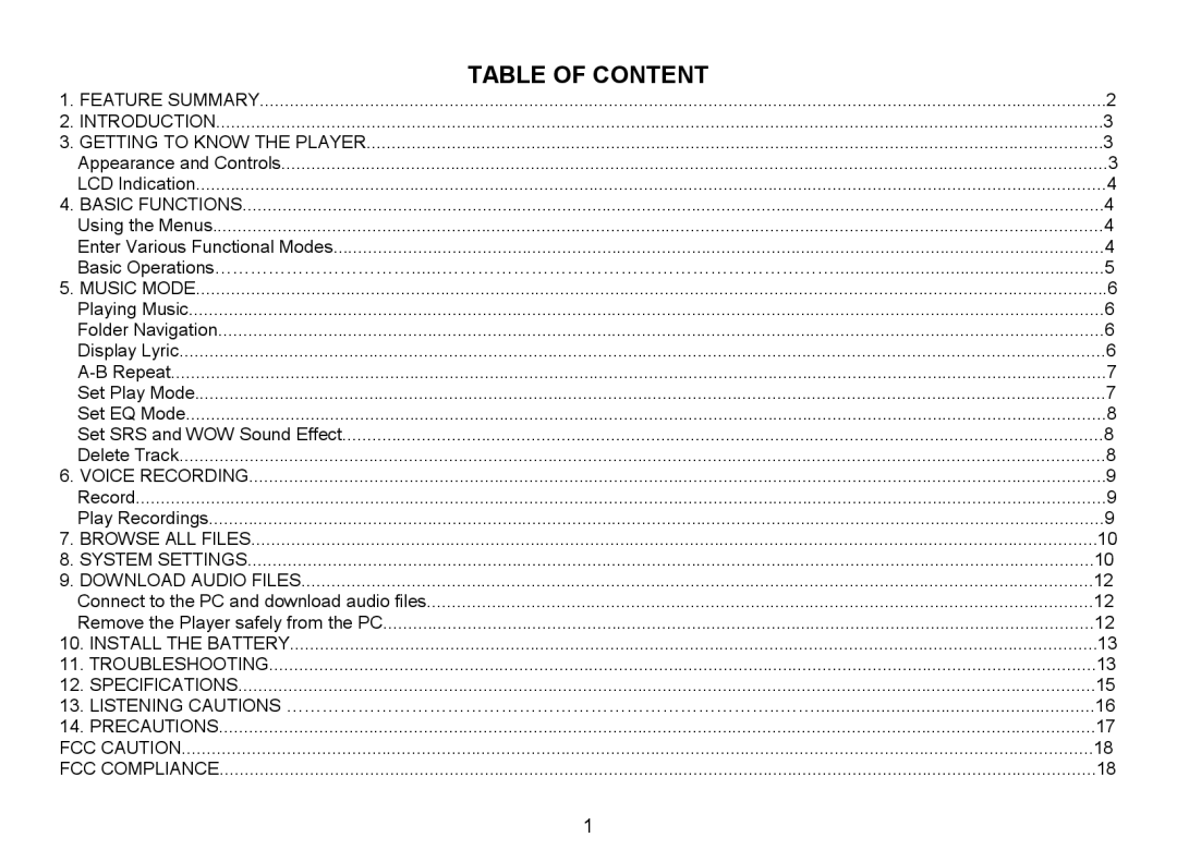 Nextar MA588 manual Table of Content 