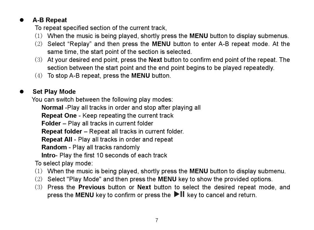 Nextar MA588 manual  A-B Repeat,  Set Play Mode 