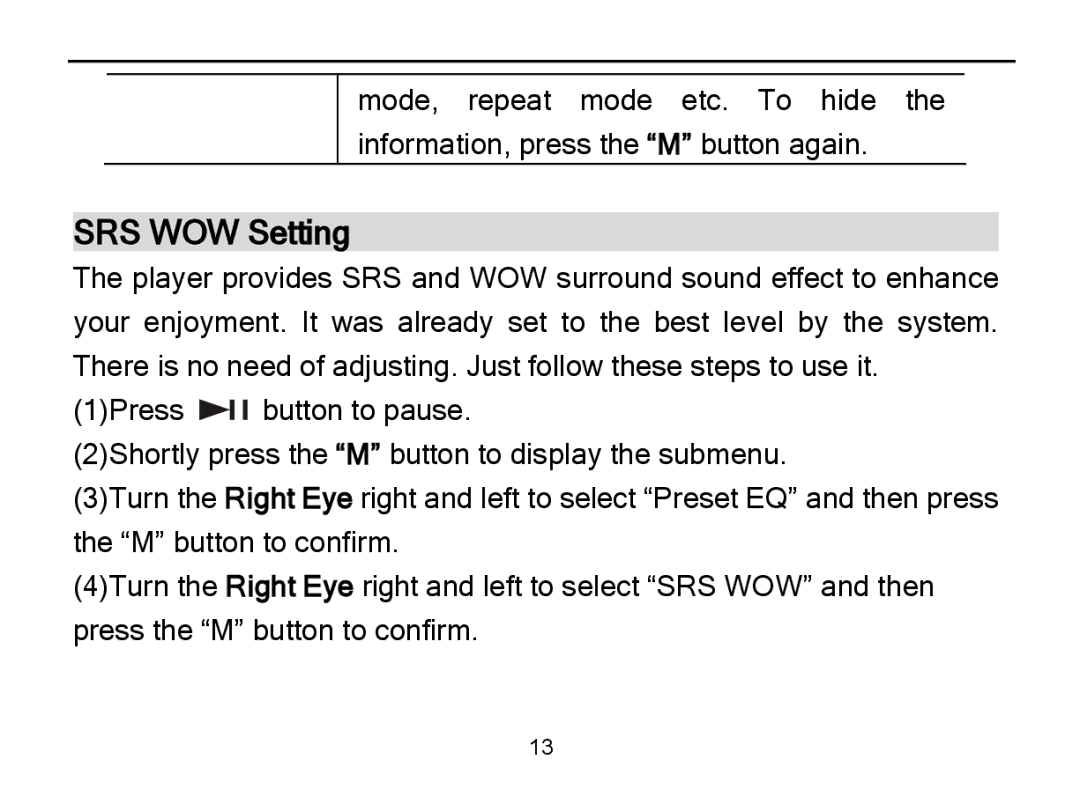 Nextar MA589 manual SRS WOW Setting 