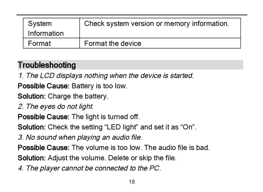 Nextar MA589 manual Troubleshooting, Eyes do not light 