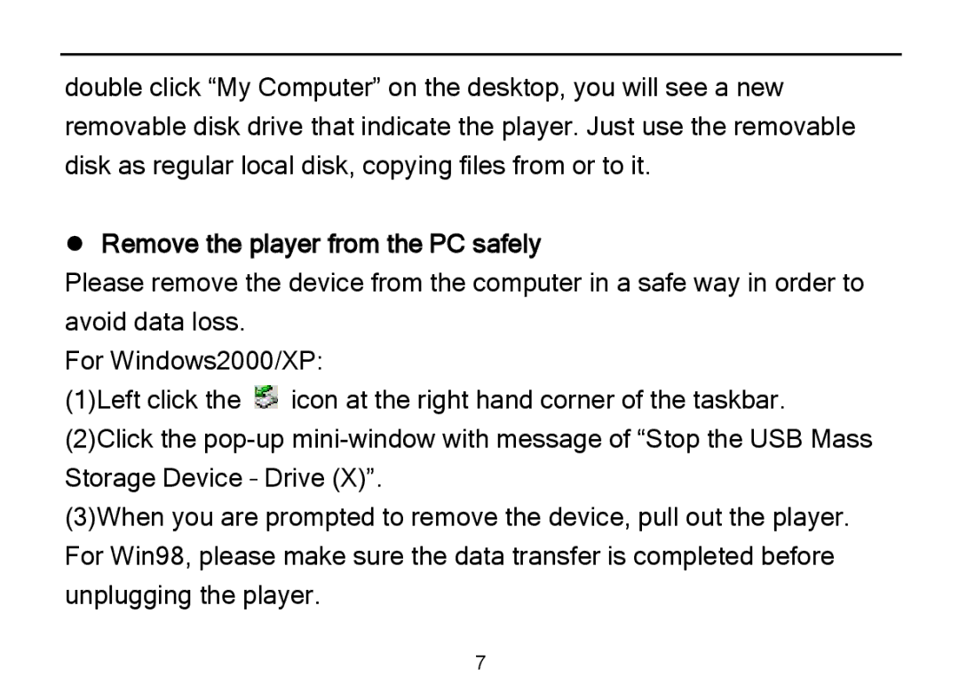 Nextar MA589 manual  Remove the player from the PC safely 