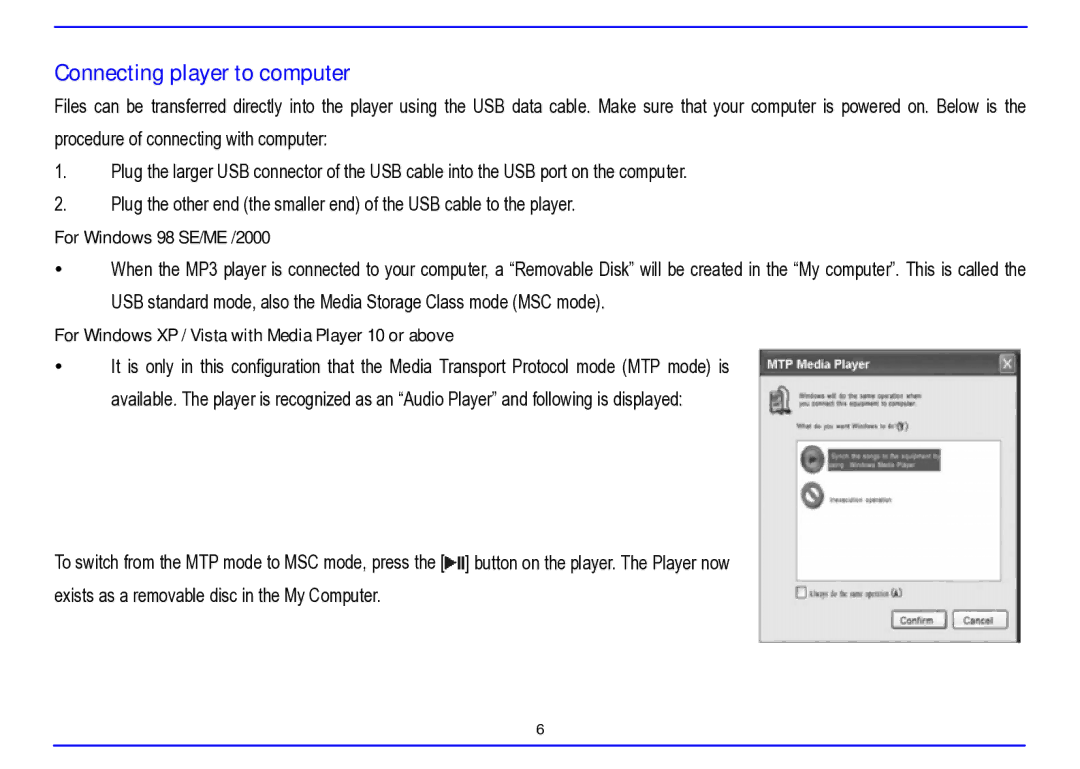 Nextar MA715A instruction manual Connecting player to computer, For Windows 98 SE/ME /2000 