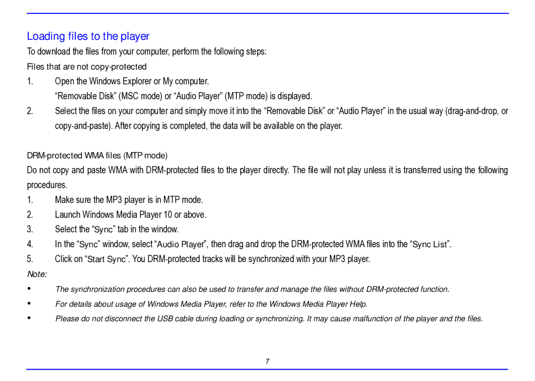 Nextar MA715A Loading files to the player, Files that are not copy-protected, DRM-protected WMA files MTP mode 