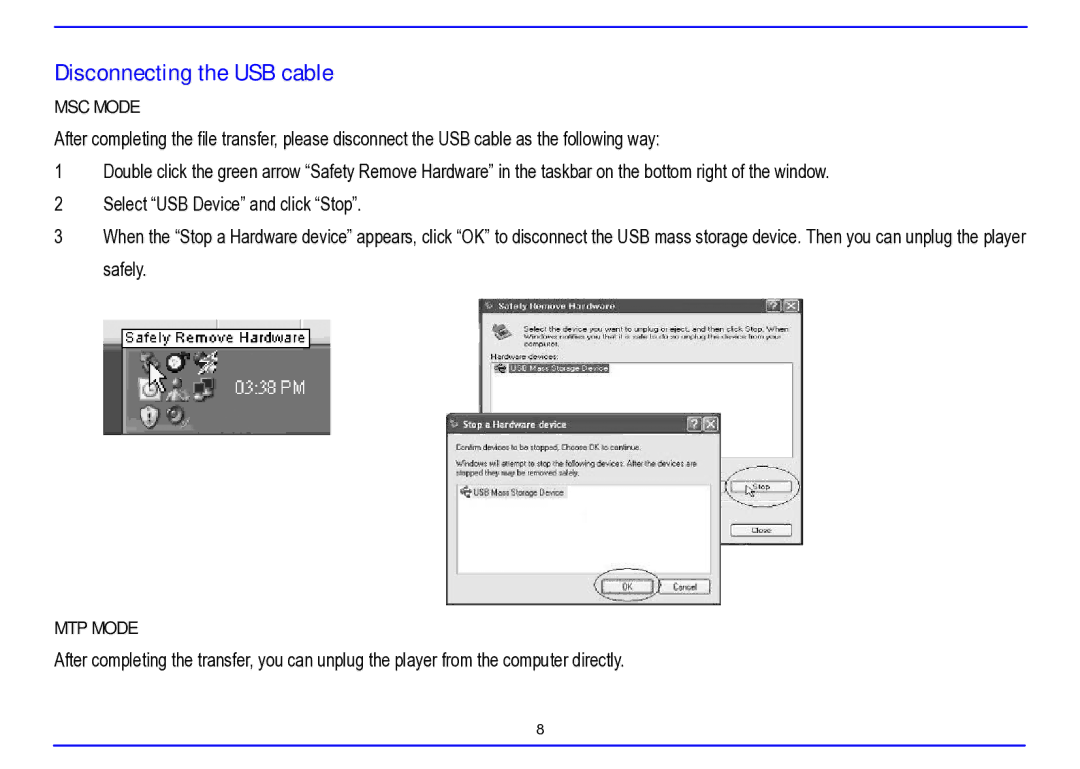 Nextar MA715A instruction manual Disconnecting the USB cable, MSC Mode 