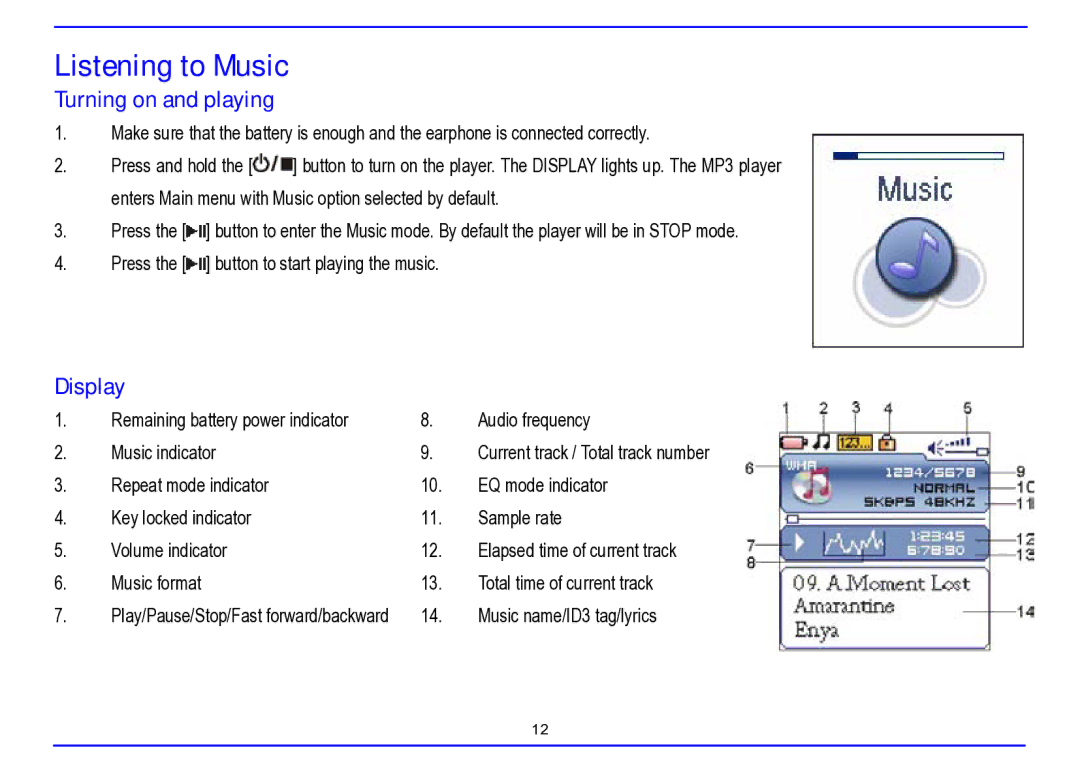 Nextar MA715A instruction manual Listening to Music, Turning on and playing, Display 