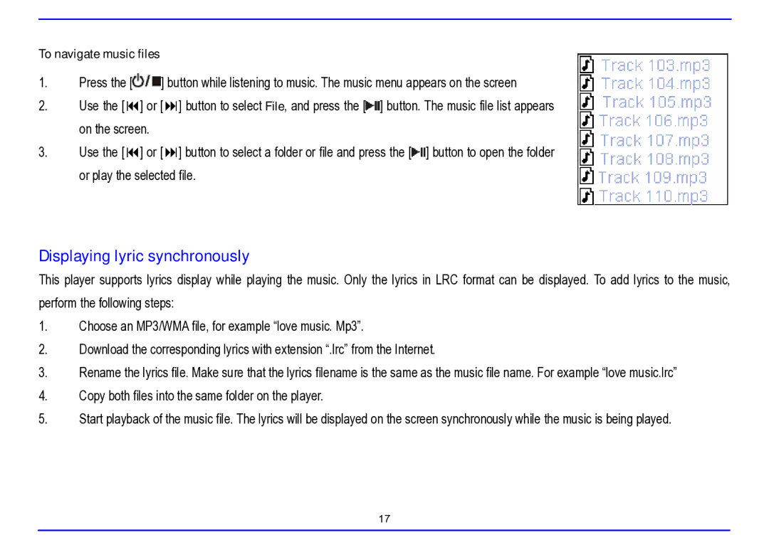 Nextar MA715A instruction manual Displaying lyric synchronously, To navigate music files 