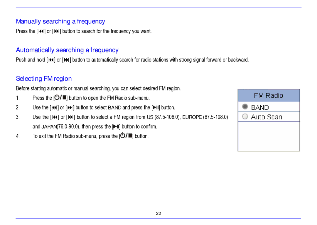 Nextar MA715A instruction manual Manually searching a frequency, Automatically searching a frequency, Selecting FM region 