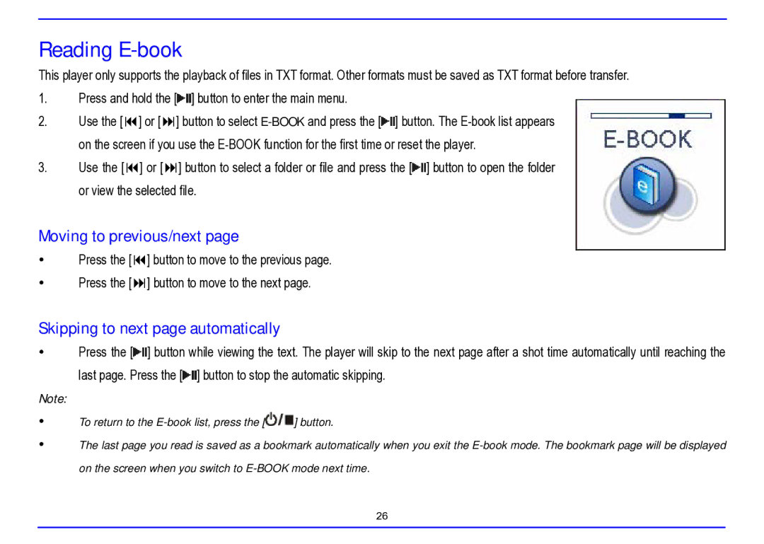 Nextar MA715A instruction manual Reading E-book, Moving to previous/next, Skipping to next page automatically 