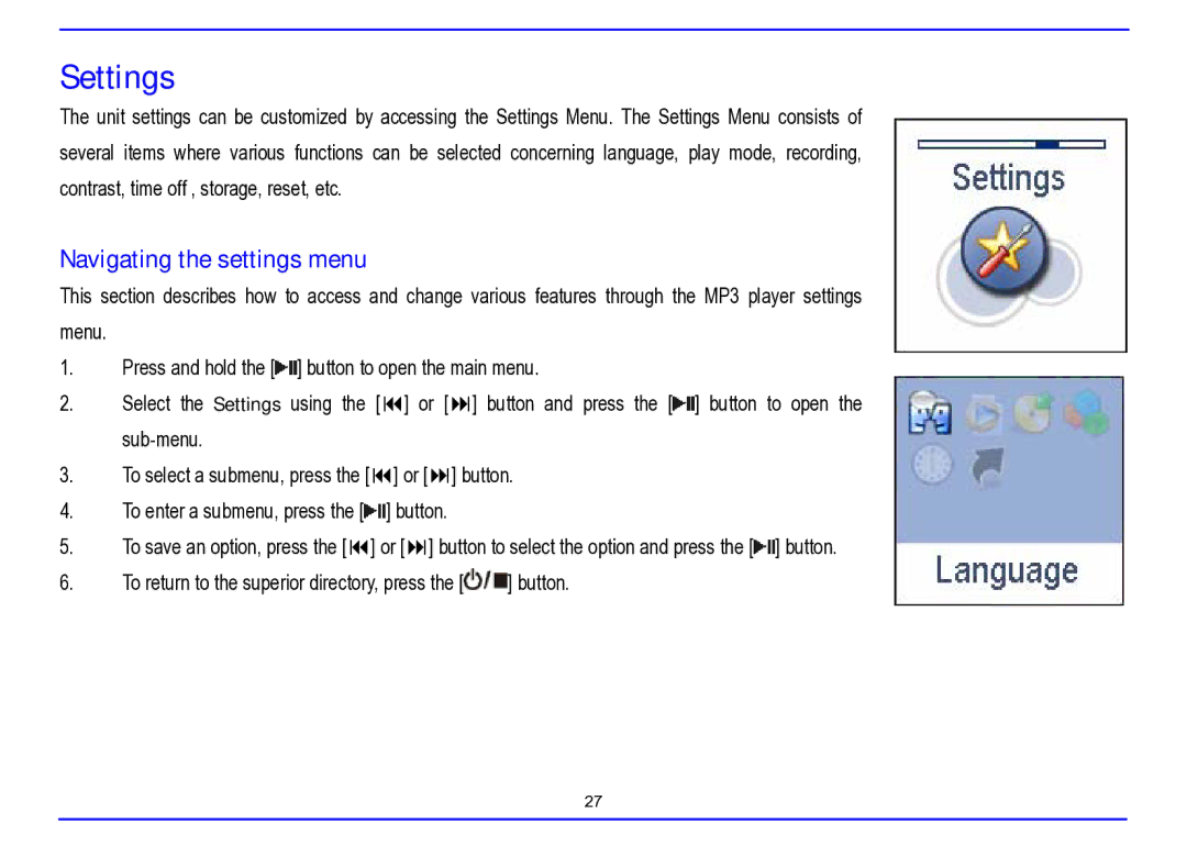 Nextar MA715A instruction manual Settings, Navigating the settings menu 