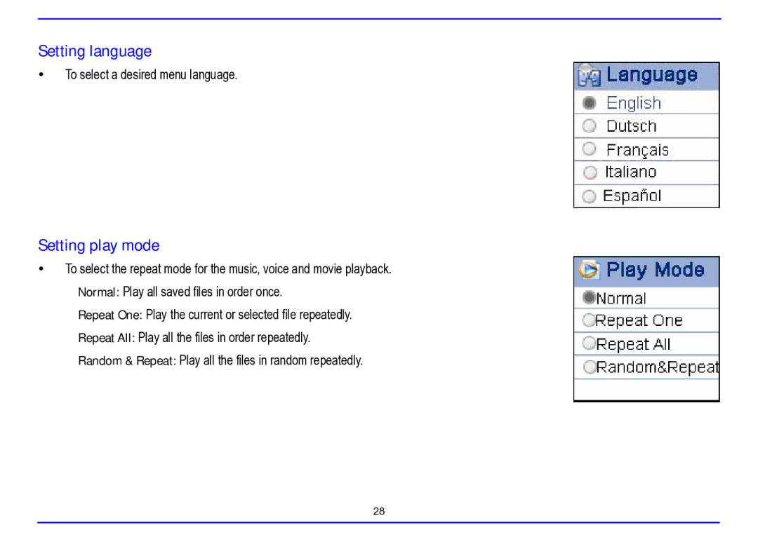 Nextar MA715A instruction manual Setting language, Setting play mode 