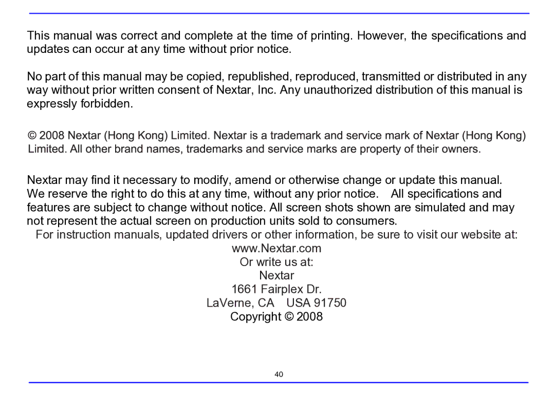 Nextar MA715A instruction manual Or write us at Nextar Fairplex Dr LaVerne, CA USA 