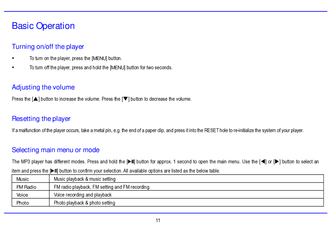 Nextar MA794 manual Basic Operation, Turning on/off the player, Adjusting the volume, Resetting the player 