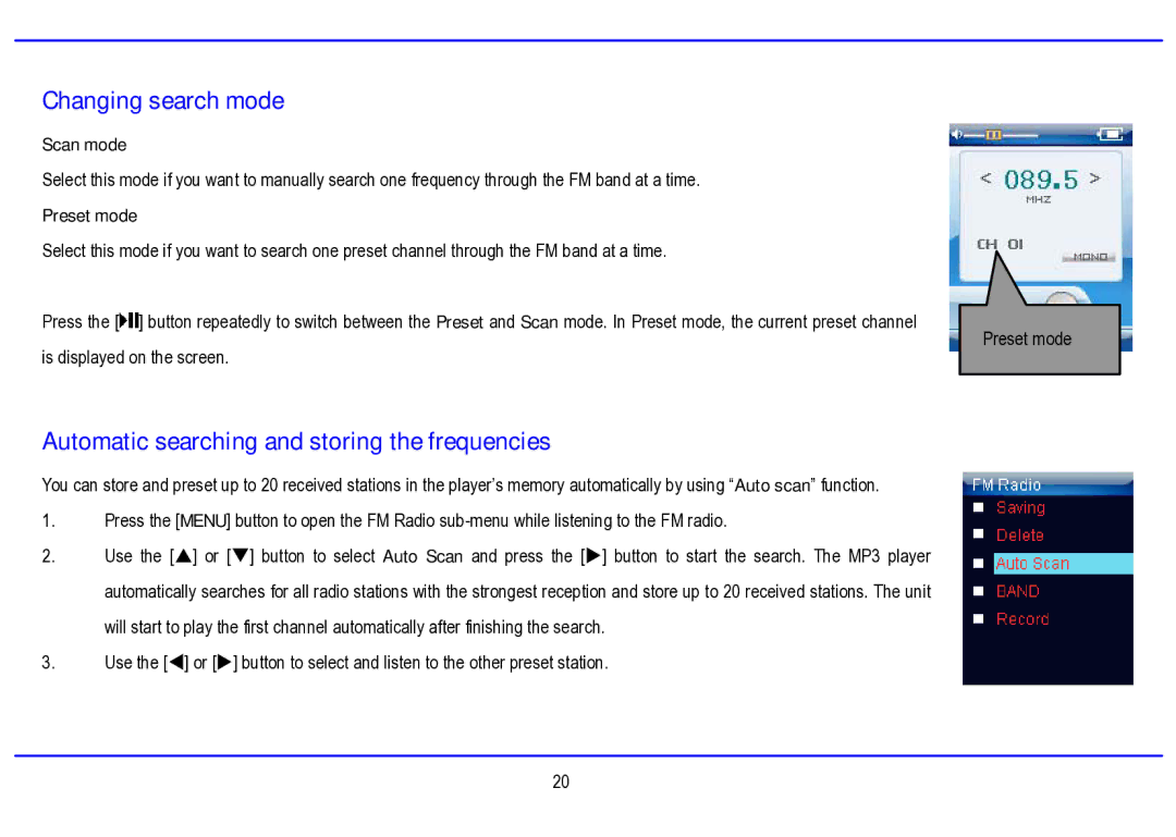 Nextar MA794 manual Changing search mode, Automatic searching and storing the frequencies, Scan mode, Preset mode 