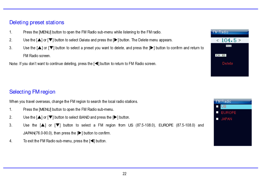 Nextar MA794 manual Deleting preset stations, Selecting FM region 