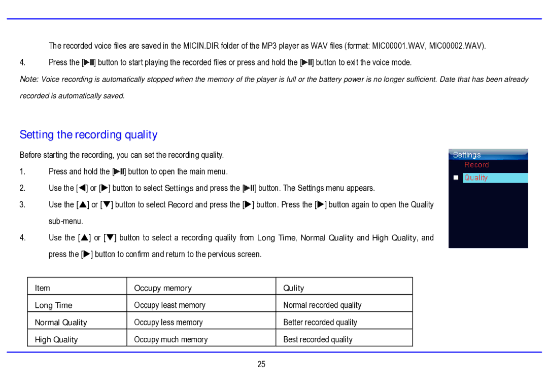 Nextar MA794 manual Setting the recording quality, Occupy memory Qulity Long Time, Normal Quality, High Quality 