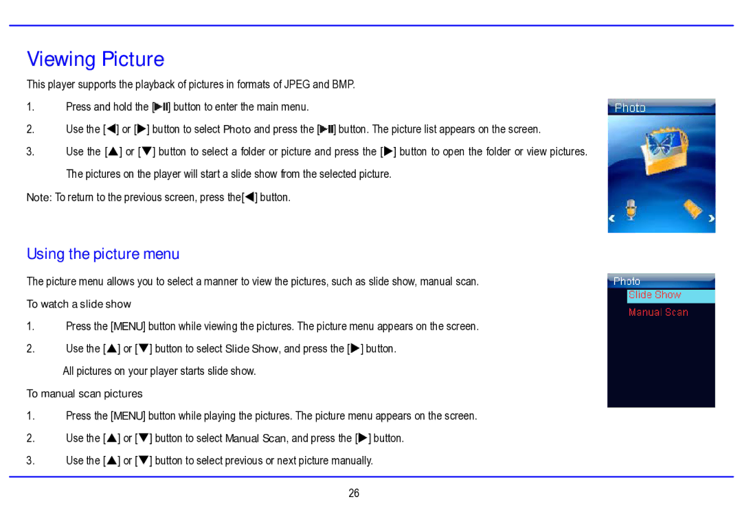 Nextar MA794 Viewing Picture, Using the picture menu, To watch a slide show, To manual scan pictures 