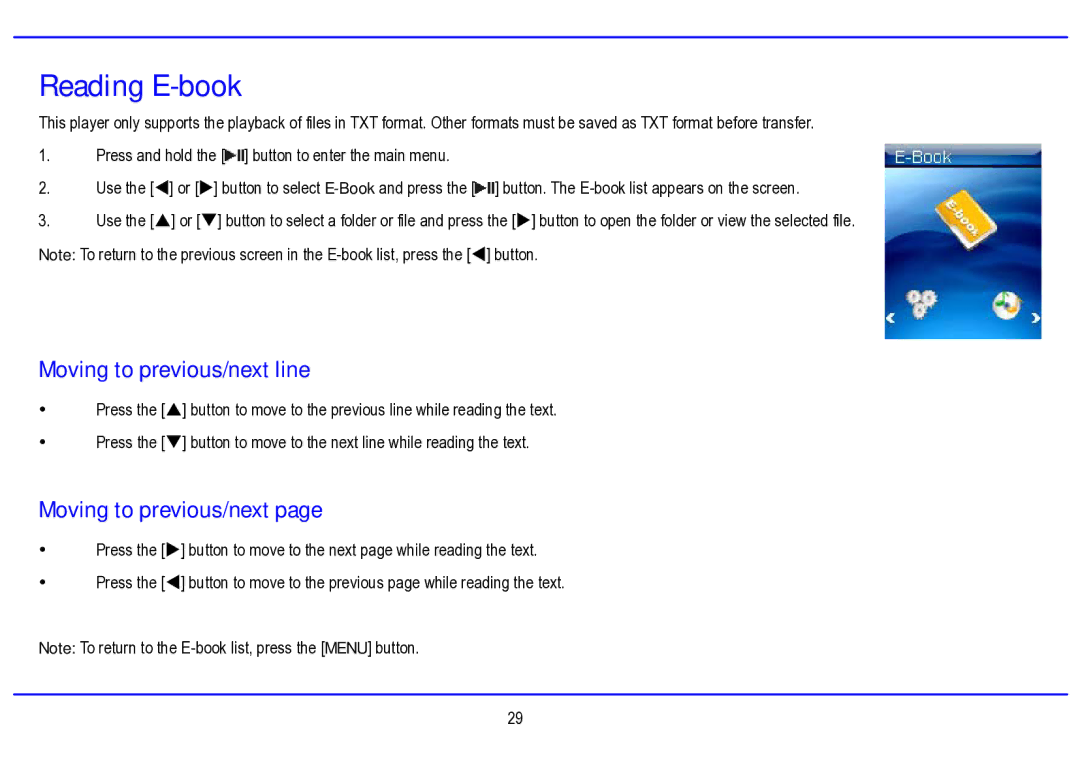 Nextar MA794 manual Reading E-book, Moving to previous/next line 