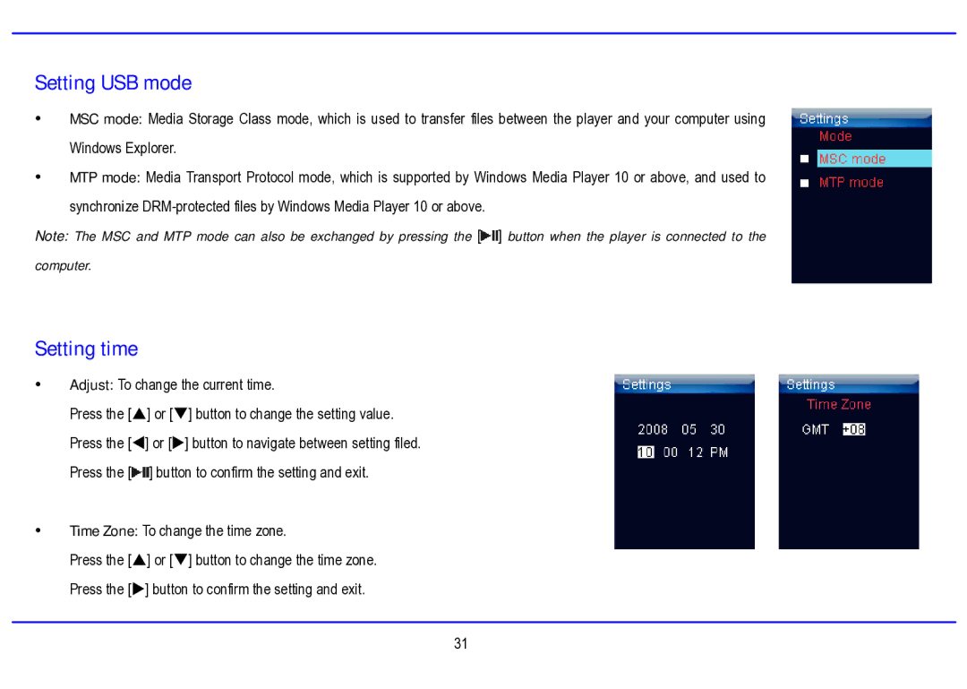 Nextar MA794 manual Setting USB mode, Setting time 