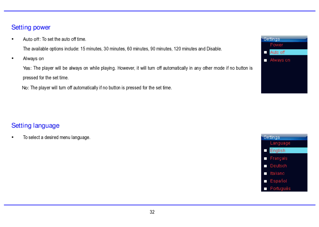 Nextar MA794 manual Setting power, Setting language, Always on 