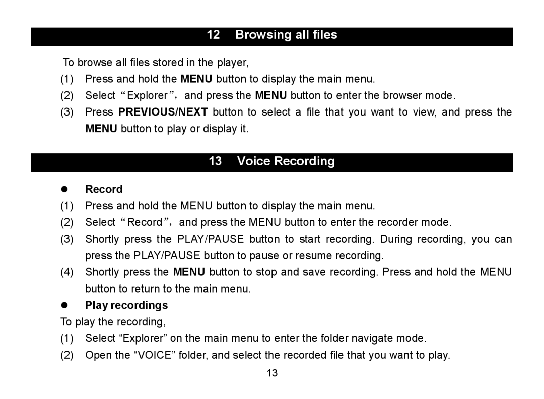 Nextar MA797 manual Browsing all files, Voice Recording,  Record 