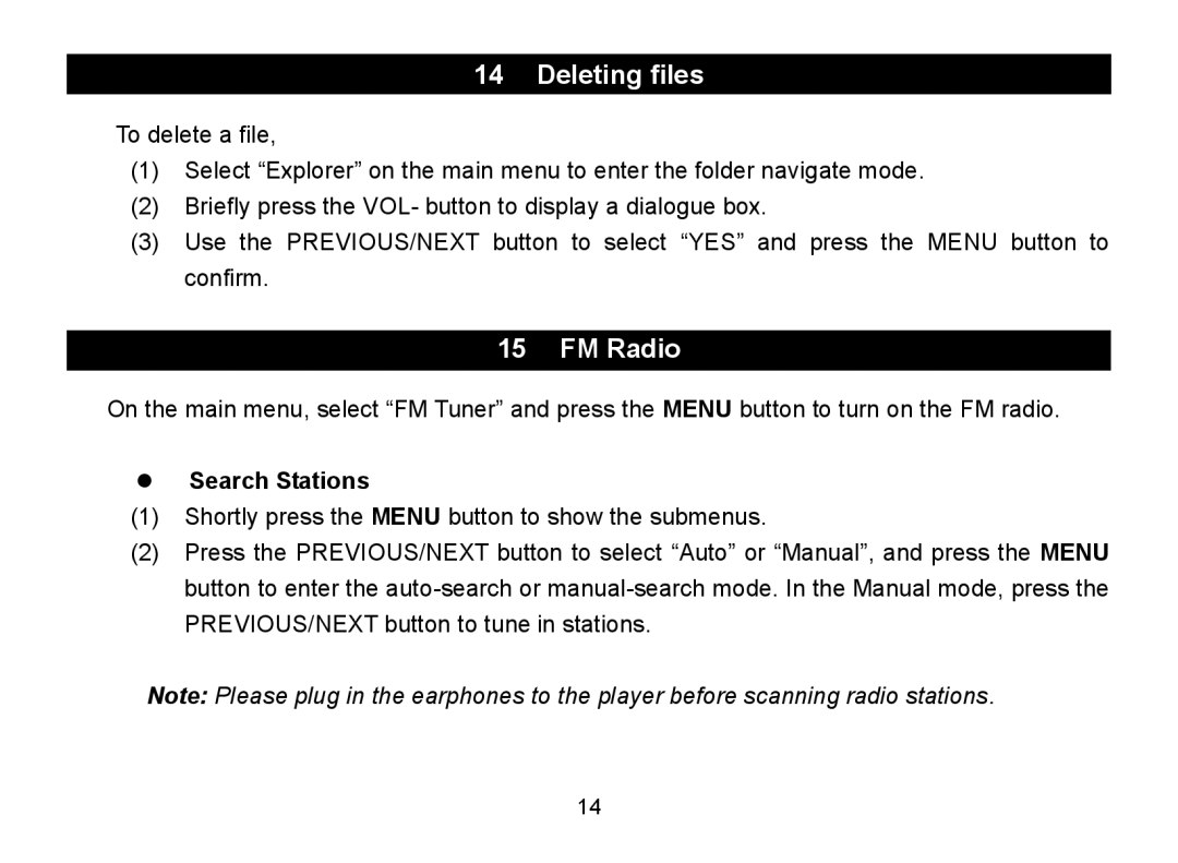 Nextar MA797 manual Deleting files, FM Radio,  Search Stations 