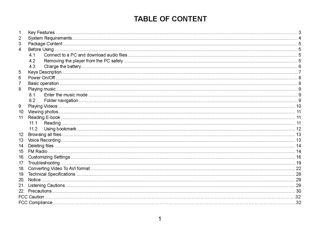 Nextar MA797 manual Table of Content 