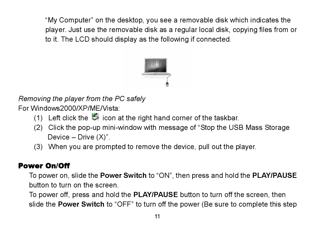 Nextar MA809 manual Removing the player from the PC safely, Power On/Off 