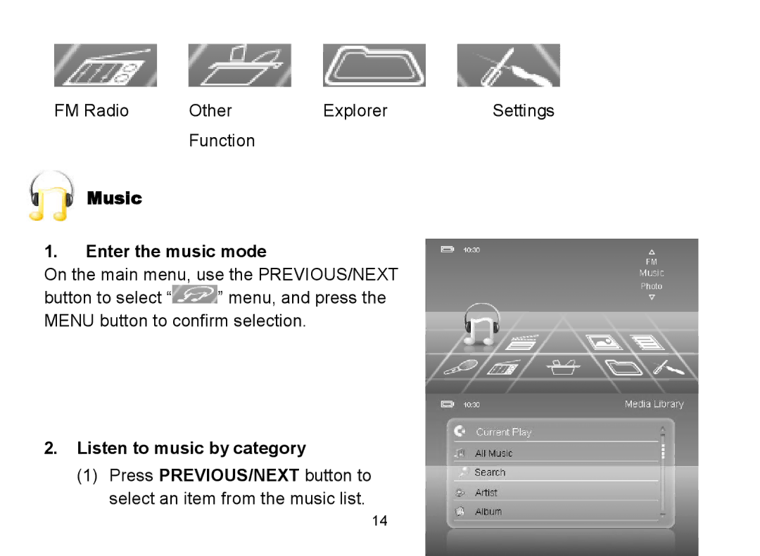 Nextar MA809 manual Music Enter the music mode, Listen to music by category 