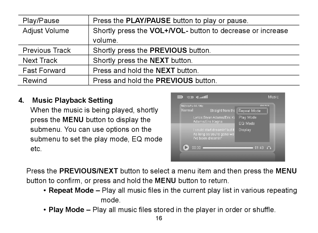 Nextar MA809 manual Music Playback Setting 