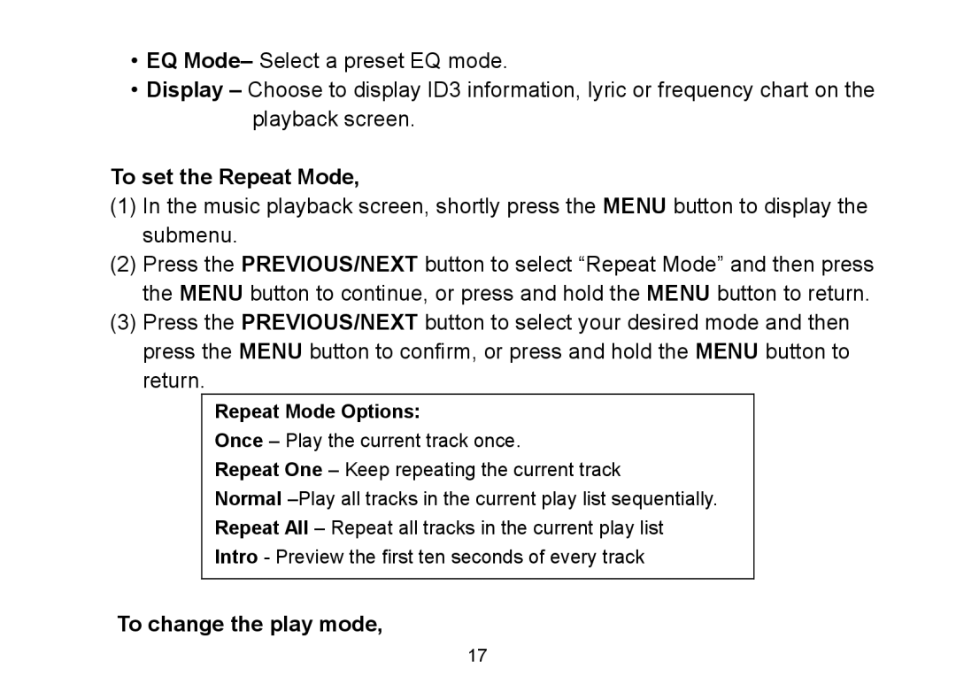 Nextar MA809 manual To set the Repeat Mode, To change the play mode 