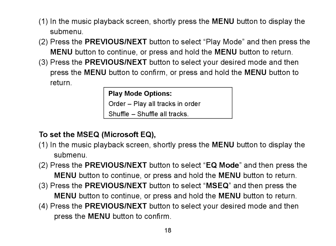 Nextar MA809 manual To set the Mseq Microsoft EQ 