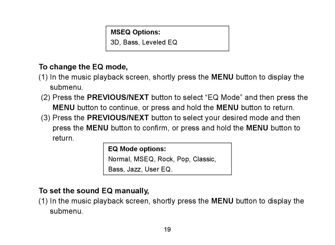 Nextar MA809 To change the EQ mode, To set the sound EQ manually 