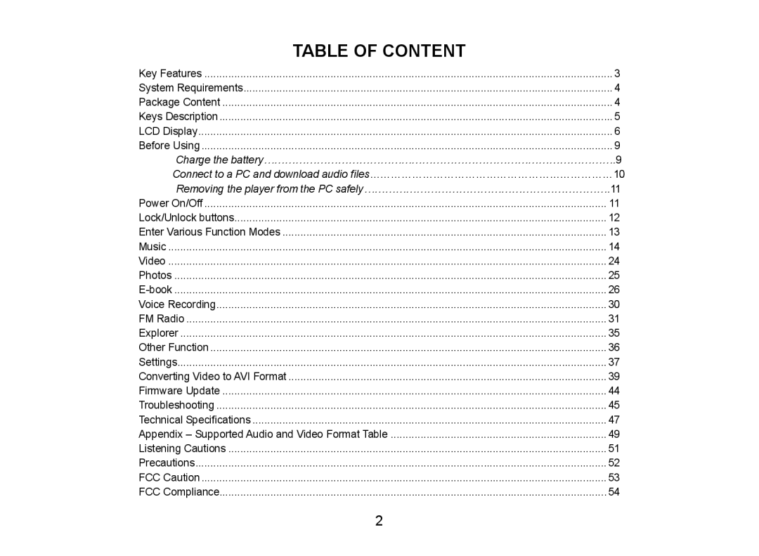 Nextar MA809 manual Table of Content 