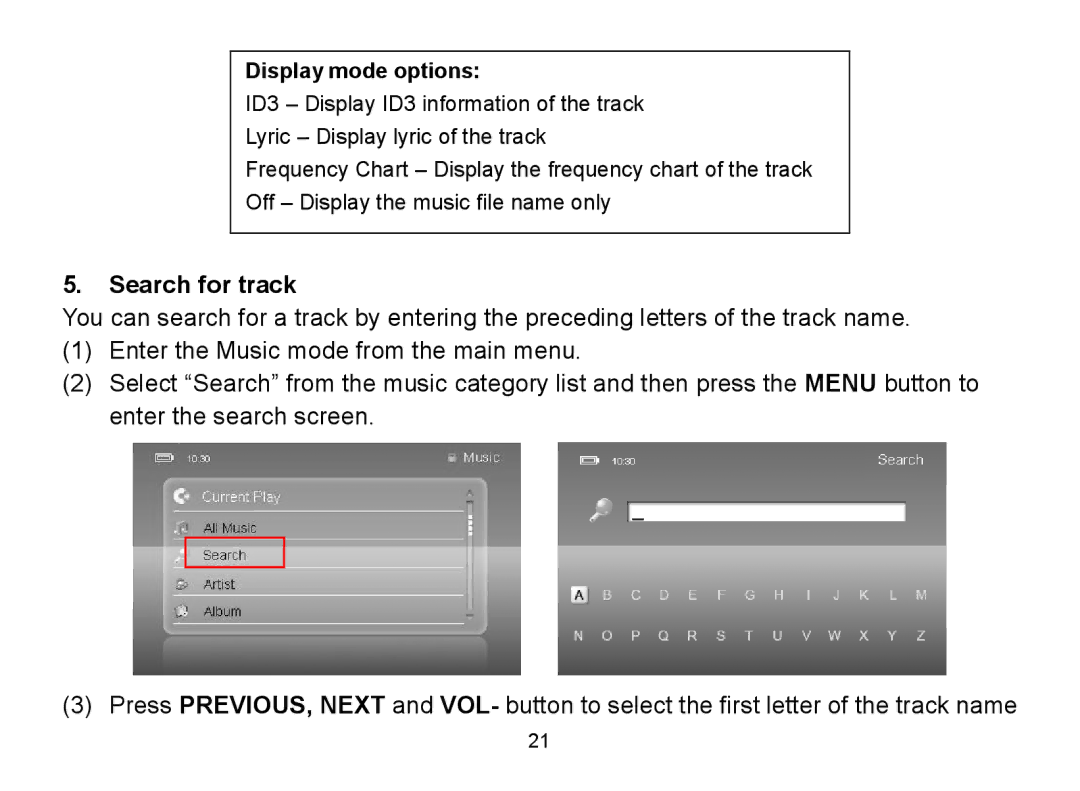 Nextar MA809 manual Search for track, Display mode options 