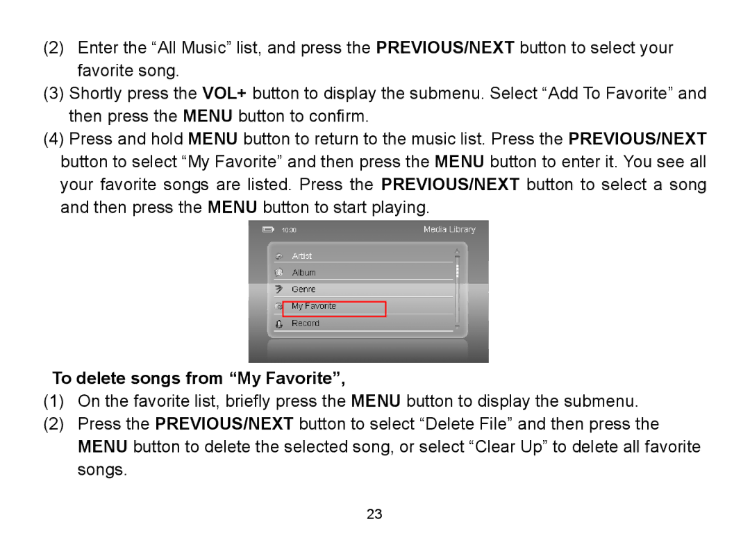 Nextar MA809 manual To delete songs from My Favorite 