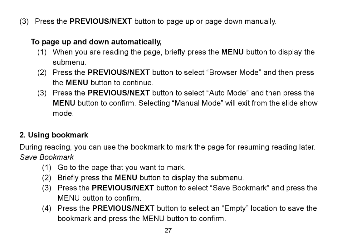 Nextar MA809 manual To page up and down automatically, Using bookmark 