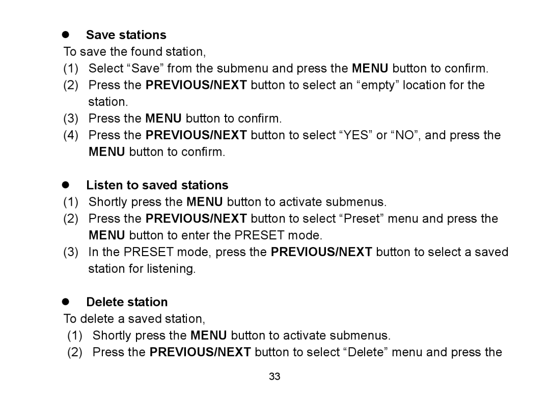 Nextar MA809 manual  Save stations,  Listen to saved stations,  Delete station 