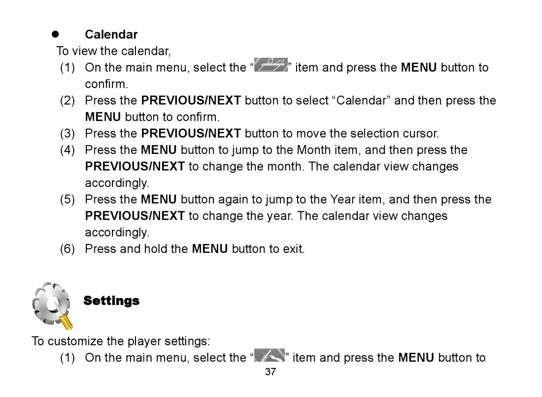 Nextar MA809 manual  Calendar, Settings 