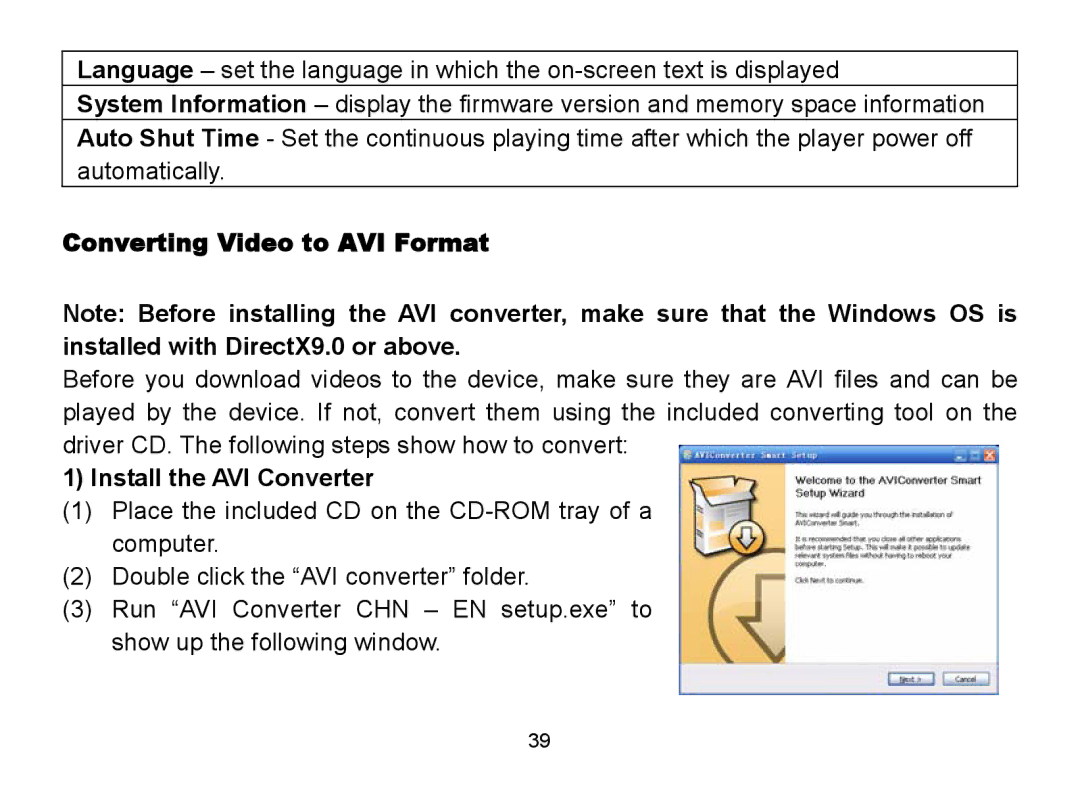 Nextar MA809 manual Converting Video to AVI Format, Install the AVI Converter 