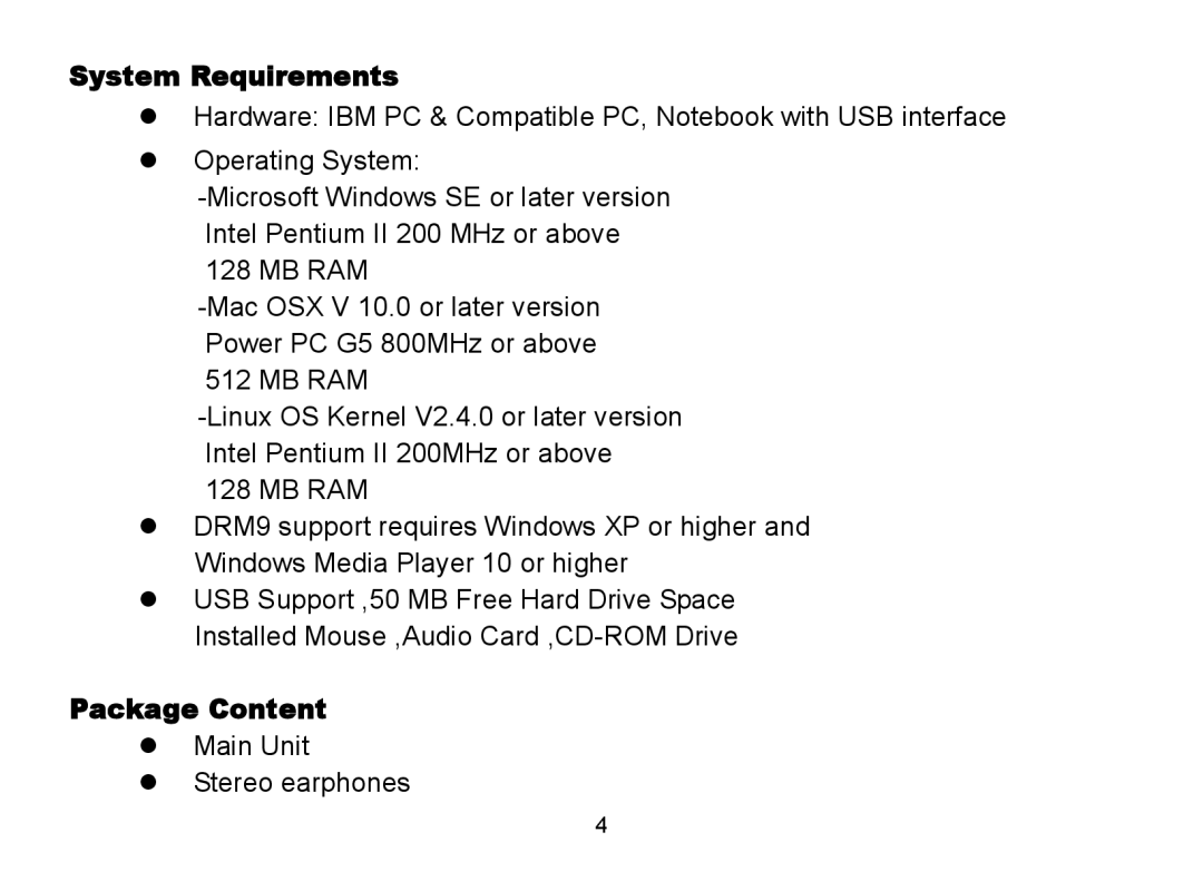 Nextar MA809 manual System Requirements, Package Content 