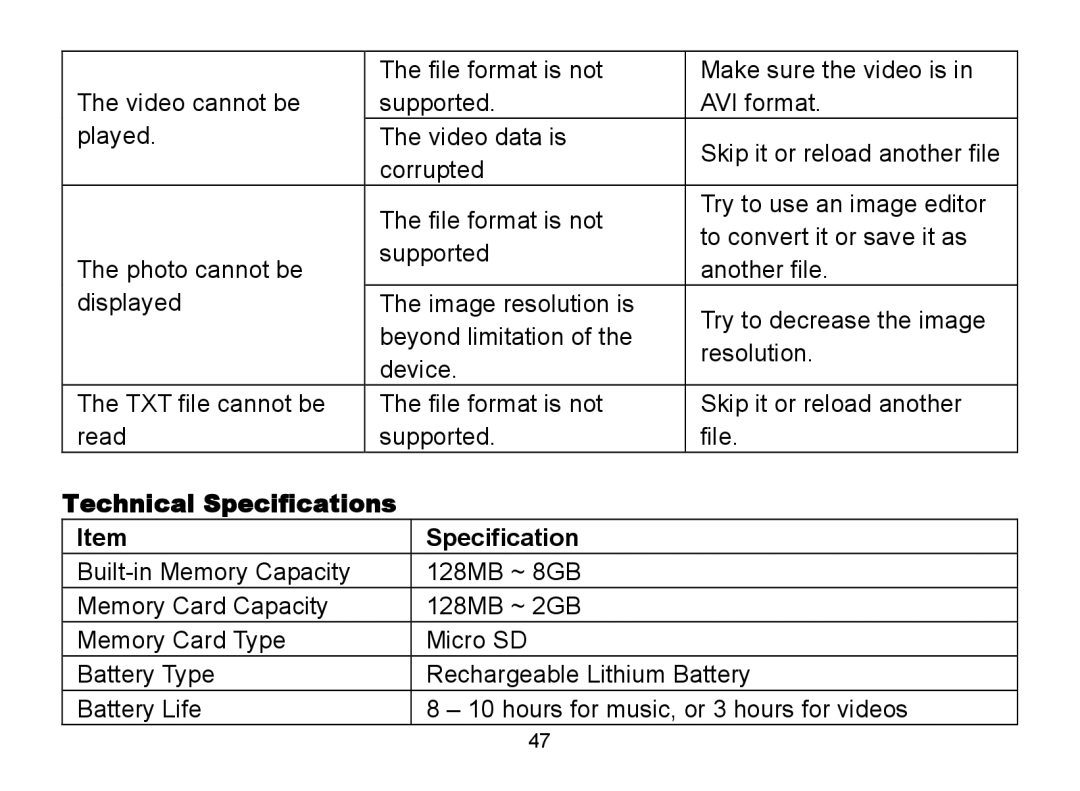 Nextar MA809 manual Technical Specifications 