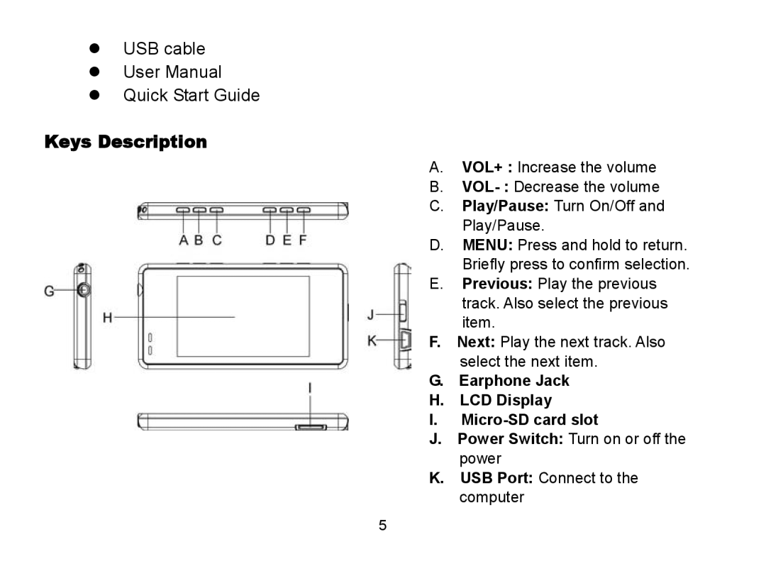 Nextar MA809 manual Keys Description 