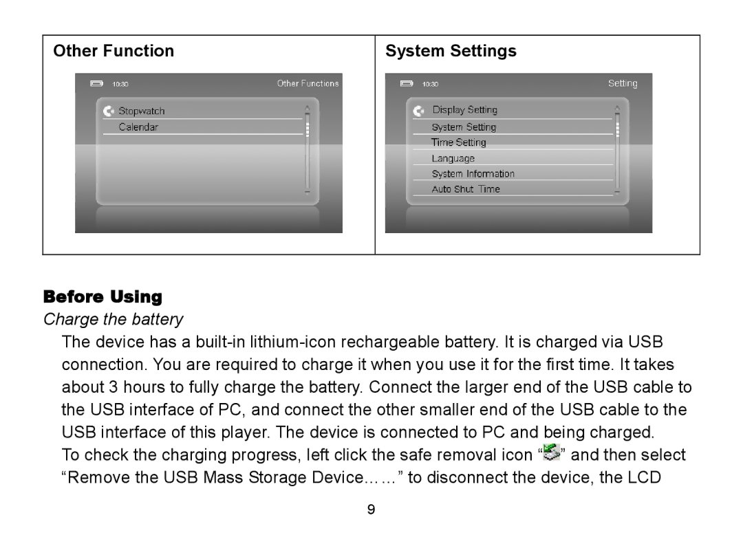 Nextar MA809 manual Other Function System Settings Before Using, Charge the battery 