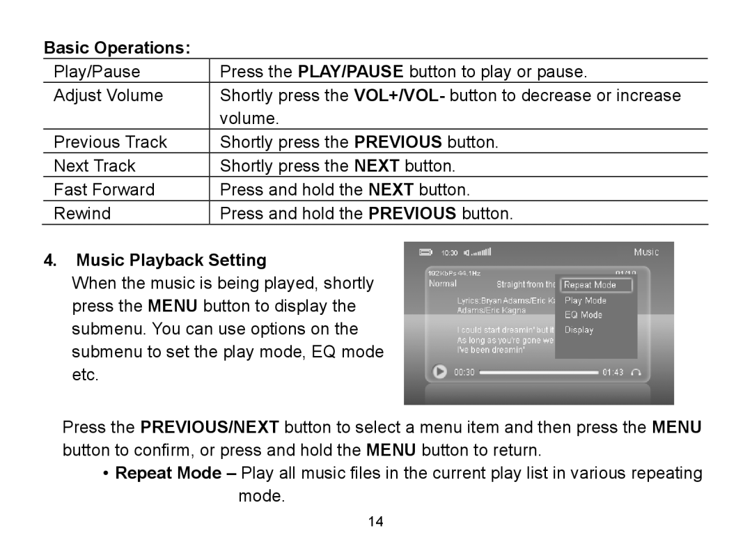 Nextar MA809 manual Basic Operations, Music Playback Setting 